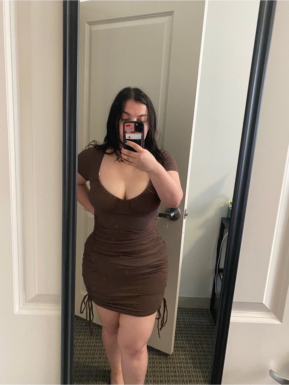 Brown Ruched Scoop-Neck Bodycon Dress
